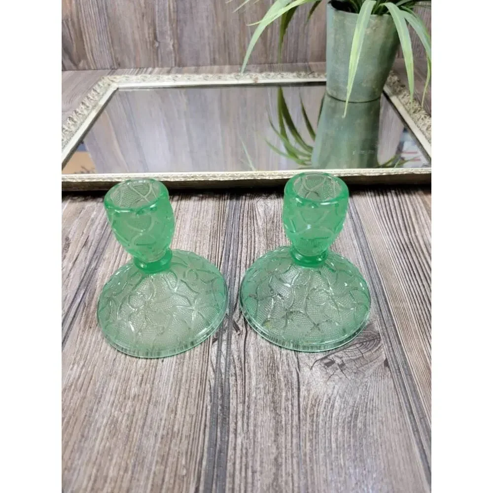 Vintage Imperial Green Crackle Uranium Glass Candlestick Holders Art Deco Pair